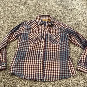 Wrangler medium pearl snap long sleeve-burgundy, teal, cream combo 💕cowboy